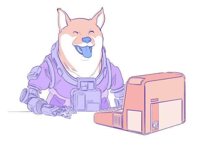 Ilustrace doge, jak používá počítač.