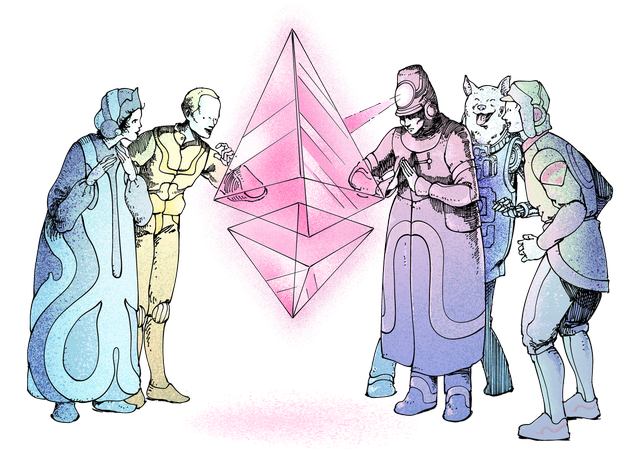 Ilustrace skupiny lidí, kteří si v úžasu prohlížejí znak etheru (ETH).
